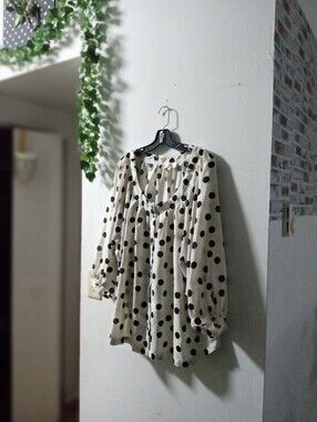 Polka Dot Long-Sleeve Blouse - Cream with Black Dots